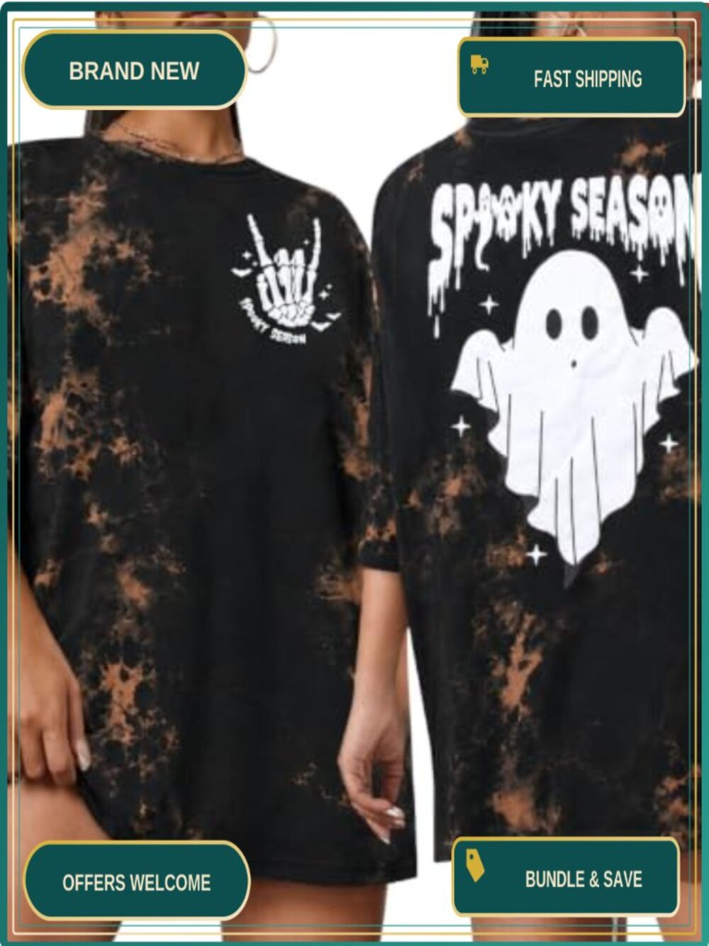 Spooky Season Oversized Ghost V Neck Tee Short Sleeve Pullover Top